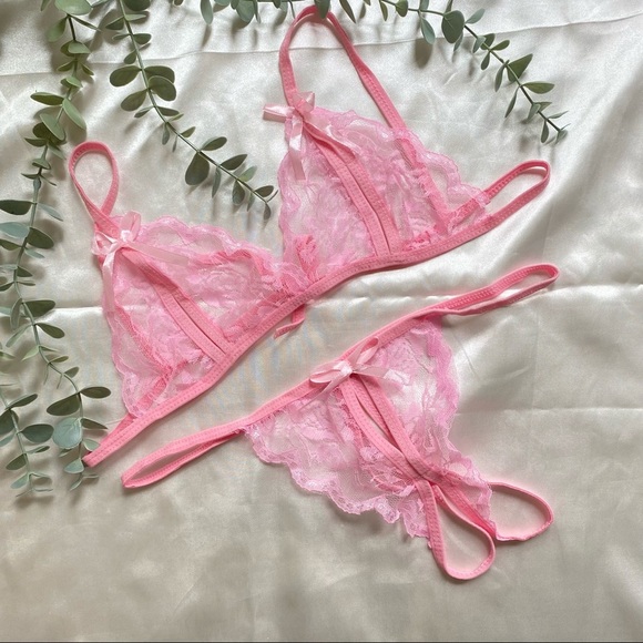 Other - Pink Lace Thong and Triangle Bra Set Crotchless